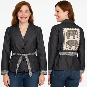 Handcrafted One Of Kind Elephant Themed Denim Jacket Size L